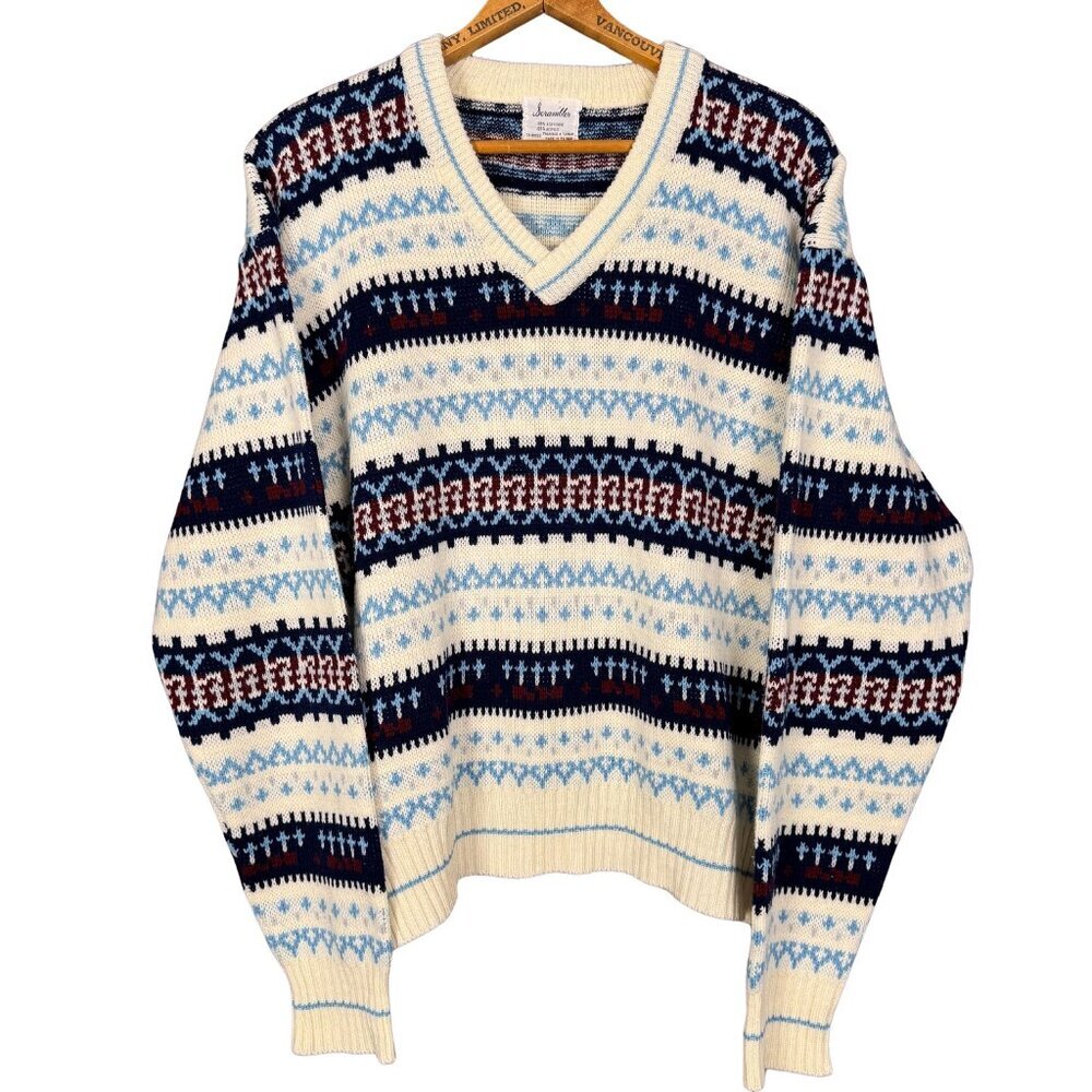 Vintage 80s Fair Isle Knit Sweater Cabincore V Neck Pullover Cozy Retro Knitwear